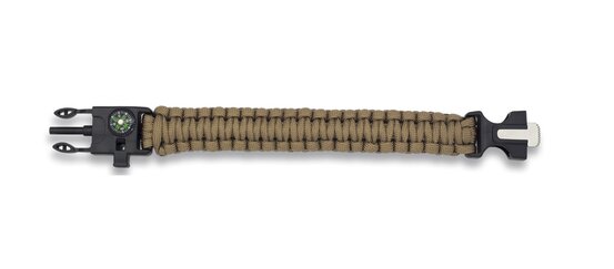 Paracord karkötő tűzgyújtóval/síppal/iránytűvel coyote